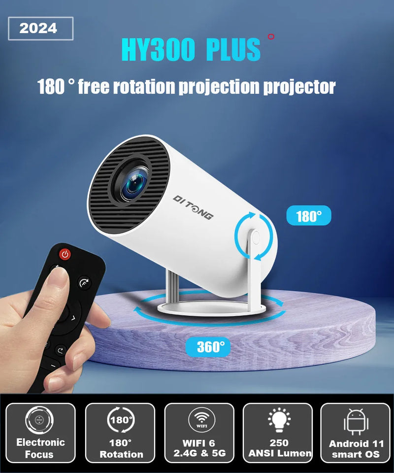 Projetor Android 4K Ditong HY300 Plus - 1280x720p, Duplo Wi-Fi, 300ANSI, Vídeo Cinema ao Ar Livre, Portátil para Casa, HD LED (HY300 Pro)